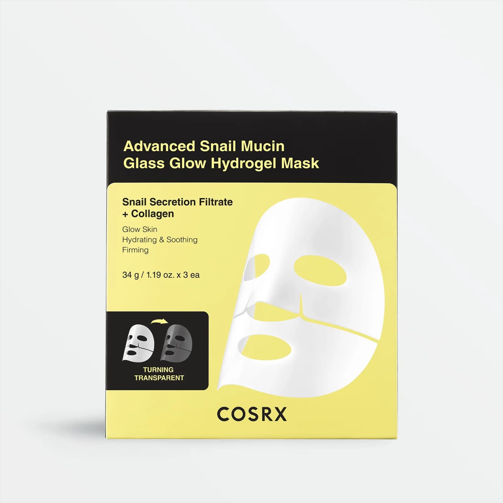 Mascarilla de hidrogel premium con 25% de mucina de caracol y colágeno que hidrata intensivamente y da un efecto de “piel de cristal” (glass glow).