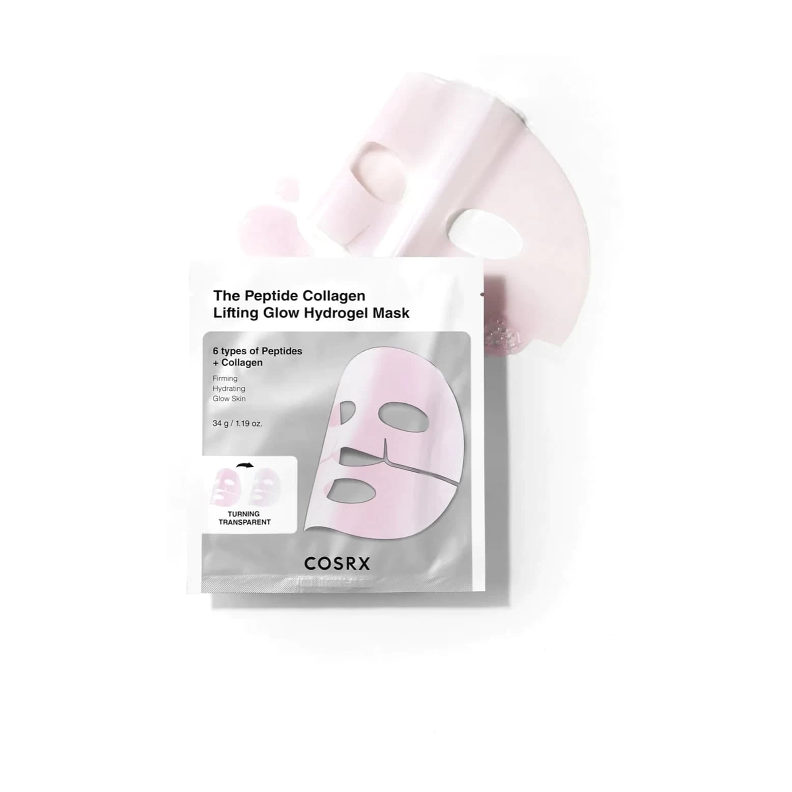 Mascarilla de hidrogel antienvejecimiento con 6 tipos de péptidos y colágeno, para un efecto de lifting, firmeza y glow radiante.
