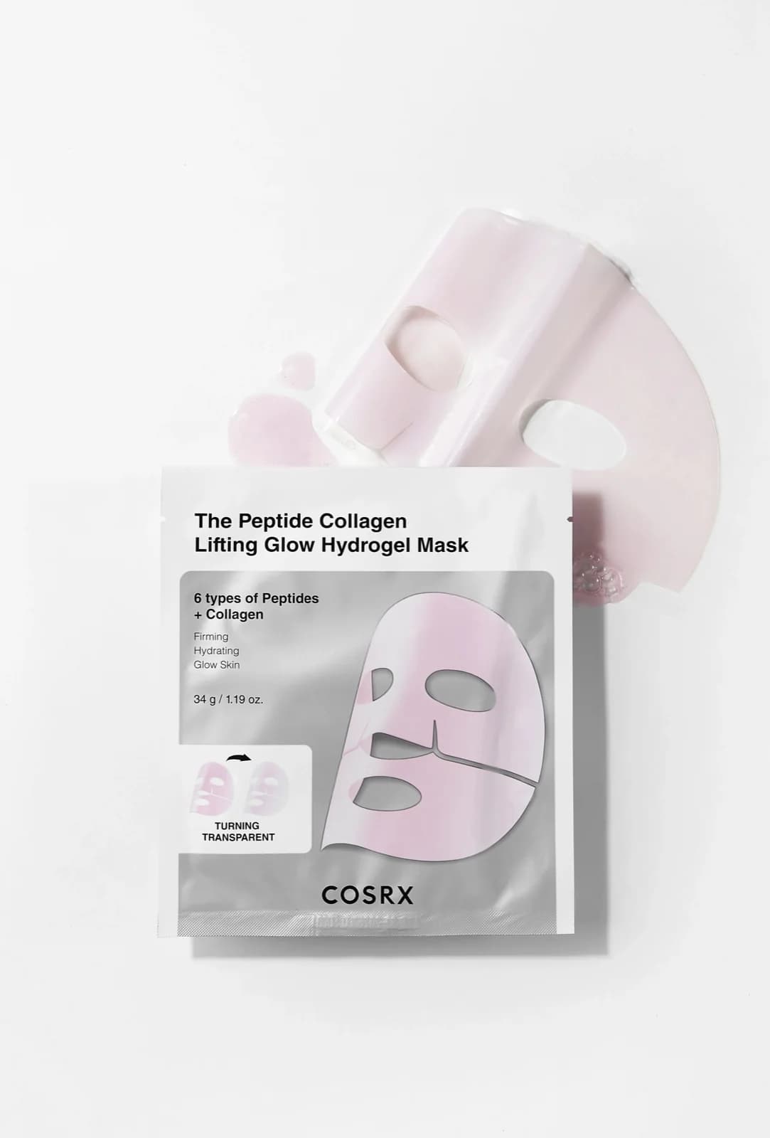Mascarilla de hidrogel antienvejecimiento con 6 tipos de péptidos y colágeno, para un efecto de lifting, firmeza y glow radiante.